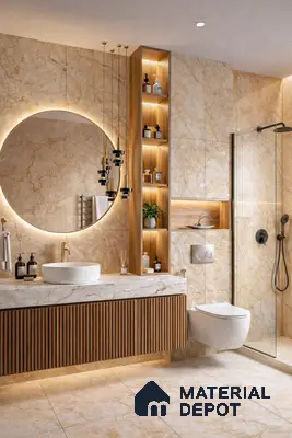 Modern bathroom with beige marble tiles, fluted wood vanity, and backlit round mirror