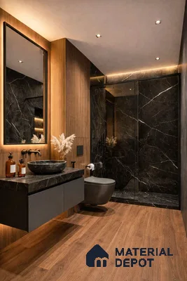 Modern bathroom with black marble tiles, walnut wood fluted panels, and wooden floor tiles