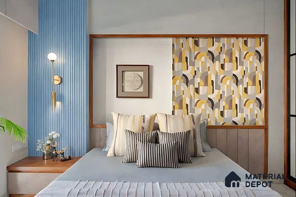 Modern bedroom with blue fluted wall panels and geometric patterned wallpaper accent