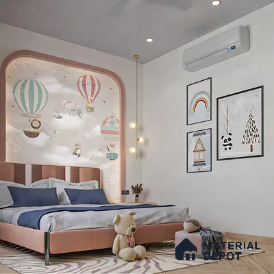 Modern kids room with pastel animal print wallpaper, blush pink upholstered bed, and light wood flooring