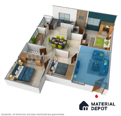 Modern Floor Plan with blue sectional sofa, light wood flooring, and open plan layout