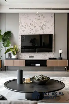 Modern living room with floral wallpaper accent, fluted wood laminate TV unit, and grey marble floor tile