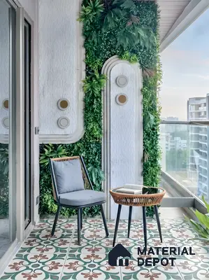 Modern balcony with patterned moroccan floor tiles and vertical green wall panels