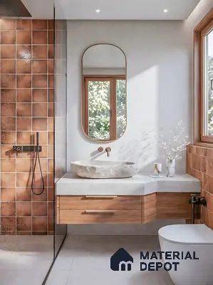 Modern bathroom with terracotta wall tiles, natural stone basin, and wooden vanity