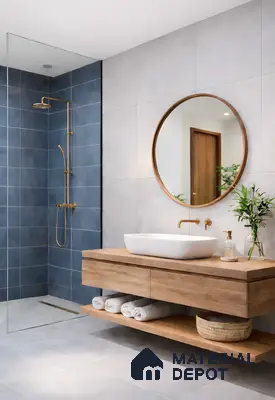 Modern bathroom with blue wall tiles, light grey floor tiles, and natural wood floating vanity