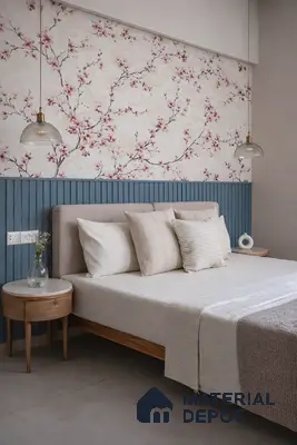 Japandi bedroom with floral wallpaper, blue fluted wall panels, and natural wood accents