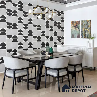 Modern dining room with geometric black-and-white wallpaper and beige marble floor