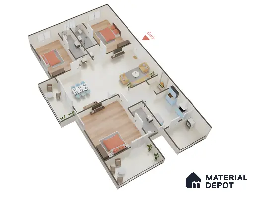 Modern 3BHK apartment layout with wood flooring, white tile, and open plan living-dining