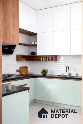 Modern L-shaped kitchen with white high gloss laminate, mint green laminate, and wood accents