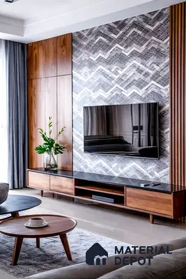 Mid-century modern living room with walnut wood laminate, chevron patterned marble laminate TV wall, and black stone top