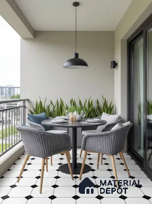 Modern balcony with black-and-white geometric floor tiles and grey wicker chairs in 2 BHK apartment Neeraja Sarovar Kithaganur Bengaluru