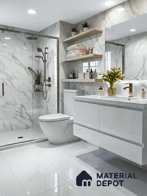 Modern bathroom with white marble-look wall tiles and glossy white floor tiles in 2 BHK apartment Neeraja Sarovar Kithaganur Bengaluru