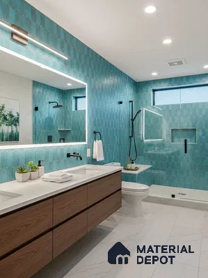 Modern bathroom with turquoise geometric wall tiles, white quartz countertop, and wood laminate vanity in 2 BHK apartment Neeraja Sarovar Kithaganur Bengaluru