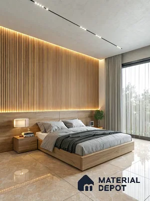 Minimalist bedroom with oak wood fluted wall panels and beige marble floor tiles in 2 BHK apartment Neeraja Sarovar Kithaganur Bengaluru