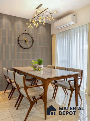 Modern dining room with marble top table, wooden chairs, and grey geometric wall tiles in 2 BHK apartment Neeraja Sarovar Kithaganur Bengaluru