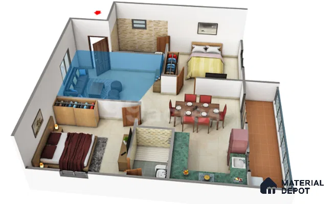 Modern living room with beige floor tiles, wooden wardrobe, and blue fabric sofa in 2 BHK apartment Neeraja Sarovar Kithaganur Bengaluru