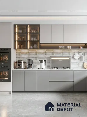 Modern kitchen with matte grey laminate cabinets, marble-look backsplash tile, and grey marble floor tile in 2 BHK apartment Neeraja Sarovar Kithaganur Bengaluru
