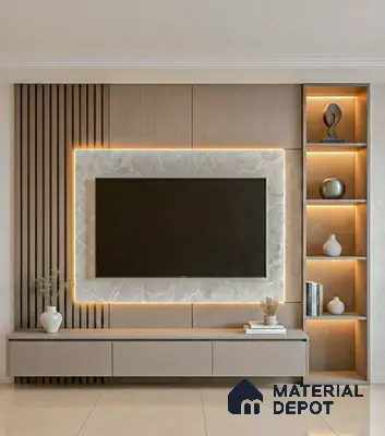 Modern TV unit with beige marble-look laminate, wood louvers, and backlit shelving in 2 BHK apartment Neeraja Sarovar Kithaganur Bengaluru
