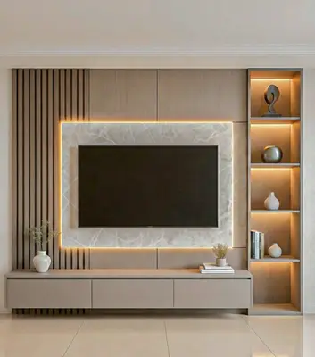 Modern TV unit with beige marble-look laminate, wood louvers, and backlit shelving in 2 BHK apartment Neeraja Sarovar Kithaganur Bengaluru
