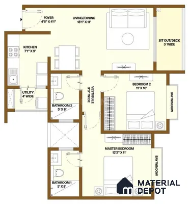 Modern 2BHK apartment floor plan with open living-dining, modular kitchen, and bay window bedrooms