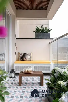 Scandinavian balcony with geometric pastel floor tiles and wooden slat ceiling