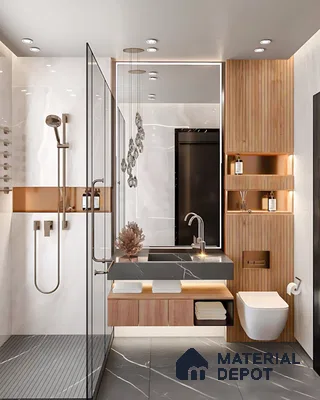 Modern bathroom with grey marble tiles, wood fluted panels, and floating vanity