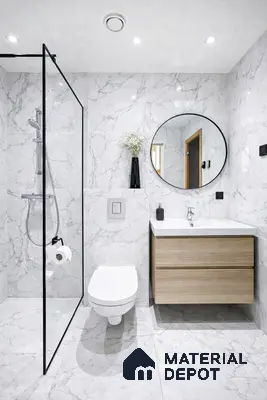 Modern bathroom with white marble-look tiles and light oak wood vanity