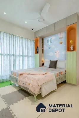Modern kids room with pastel green fluted laminate, hot air balloon wallpaper, and playful pastel decor