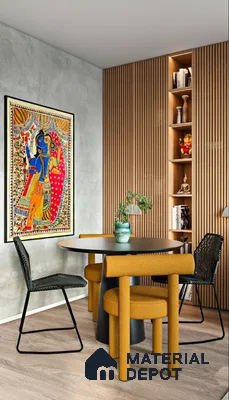 Eclectic dining room with wood fluted wall panels, Indian art, and light oak wooden flooring