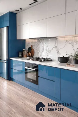 Modern dual tone kitchen with blue high gloss laminate, frosty white laminate, white quartz countertop, and marble-look backsplash