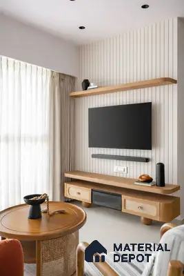 Scandinavian living room with light oak wood laminate TV unit and vertical fluted wall panels