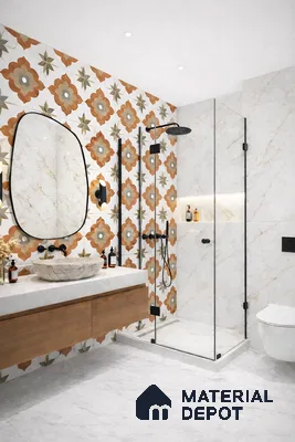 Modern bathroom with floral patterned wall tiles, marble-look tiles, and wooden vanity