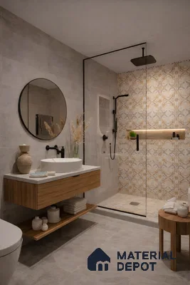 Modern bathroom with beige patterned highlighter wall tiles, grey stone wall and floor tiles, and wood vanity