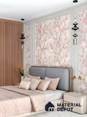Japandi bedroom with blush floral wallpaper, natural wood louvers, and suede upholstered bed