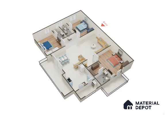 Modern 3BHK apartment layout with wood flooring, white tile, and modular furniture