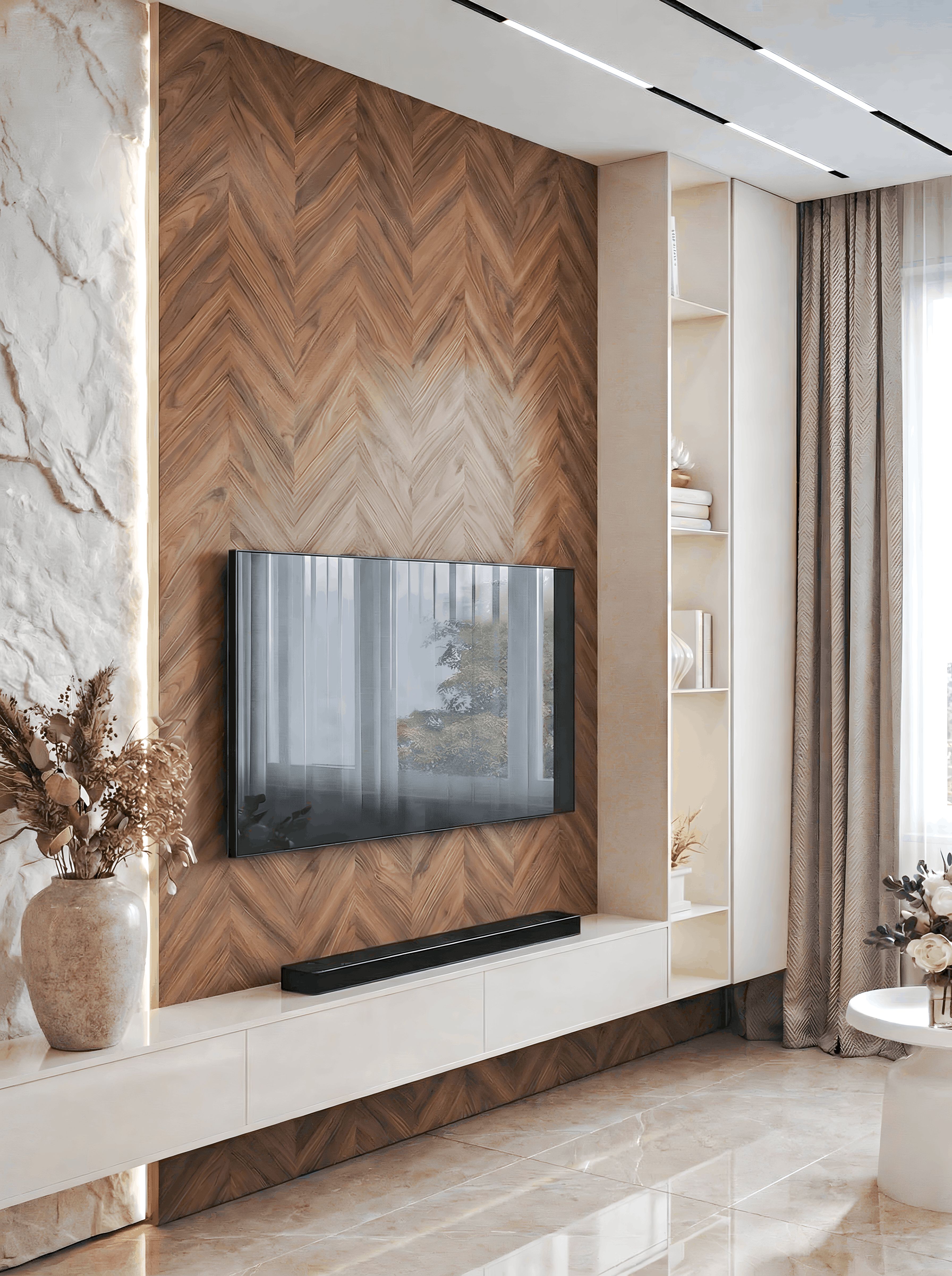 Modern TV unit with herringbone wood laminate panel and marble-look floor tile