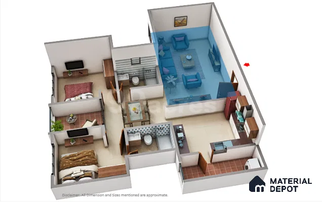 Modern living room with grey tile flooring, blue fabric sofas, and wooden TV unit