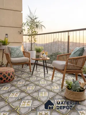 Mediterranean balcony with patterned encaustic moroccan floor tiles and natural wood seating