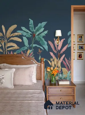 Eclectic bedroom with tropical floral wallpaper and natural wood bed