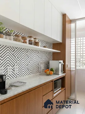 Modern kitchen with geometric black-and-white backsplash tile, white upper cabinets, and walnut wood laminate base cabinets