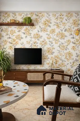 Mid-century modern living room with floral wallpaper, terrazzo table, and walnut wood TV unit