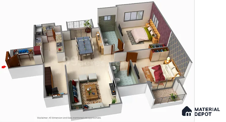 Modern 3BHK apartment layout with beige floor tiles, wooden laminate furniture, and accent wallpaper in bedrooms