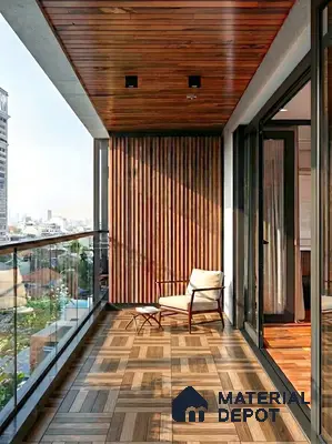 Modern balcony with wooden louver wall, wood plank ceiling, and patterned wood-look floor tiles