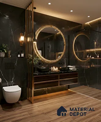 Modern bathroom with black marble wall tiles, wood-look floor tiles, and gold accent lighting