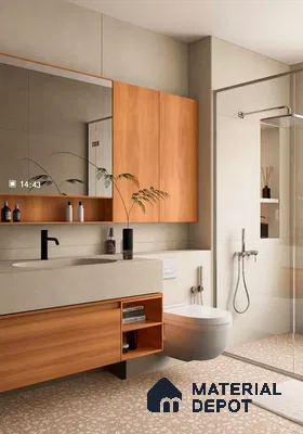 Modern bathroom with light wood laminate vanity and beige terrazzo floor tiles