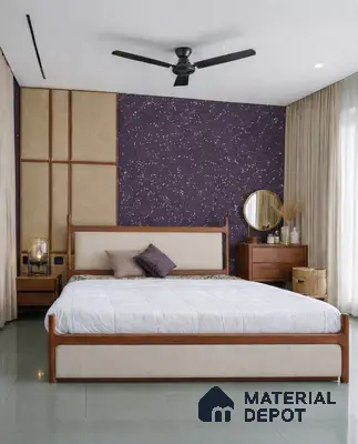 Mid-century modern bedroom with purple speckled wallpaper, beige fabric panels, and walnut wood furniture