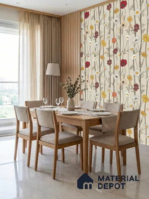 Scandinavian dining room with floral wallpaper, light wood dining set, and beige marble floor tiles
