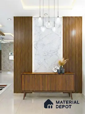 Modern foyer with walnut wood louvers and white marble accent wall