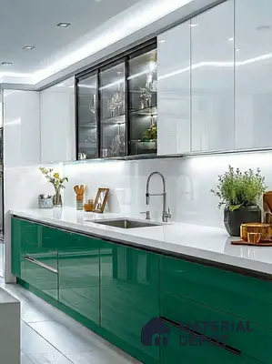 Modern kitchen with high gloss green and white laminate cabinets and white quartz countertop