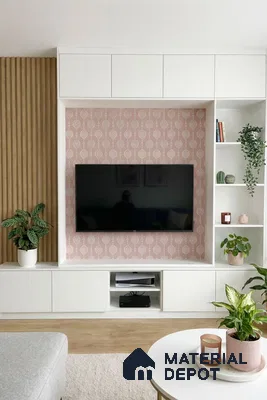 Scandinavian TV unit with white laminate, pink patterned wallpaper, and oak wood fluted panels